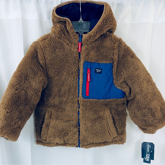 Oshkosh B’gosh Kids Tan/Navy Blue Hooded Reversible Sherpa Jacket Medium (5/6) - Picture 3 of 10